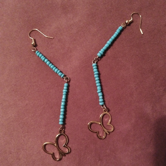 Long 4.5" Handmade Gold Turquoise Blue Beaded Earrings Butterfly Butterflies New - Picture 1 of 7